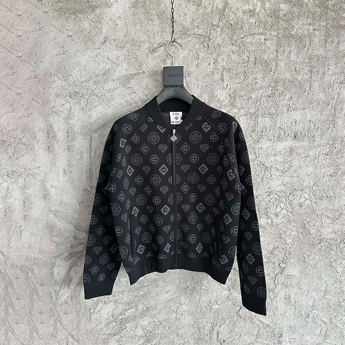 casablanca monogram jacquard knit zip-up jacket